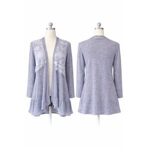Simply Couture Blue Grey Lace Ruffle Cardigan XL Boho Duster Lagenlook Romantic
